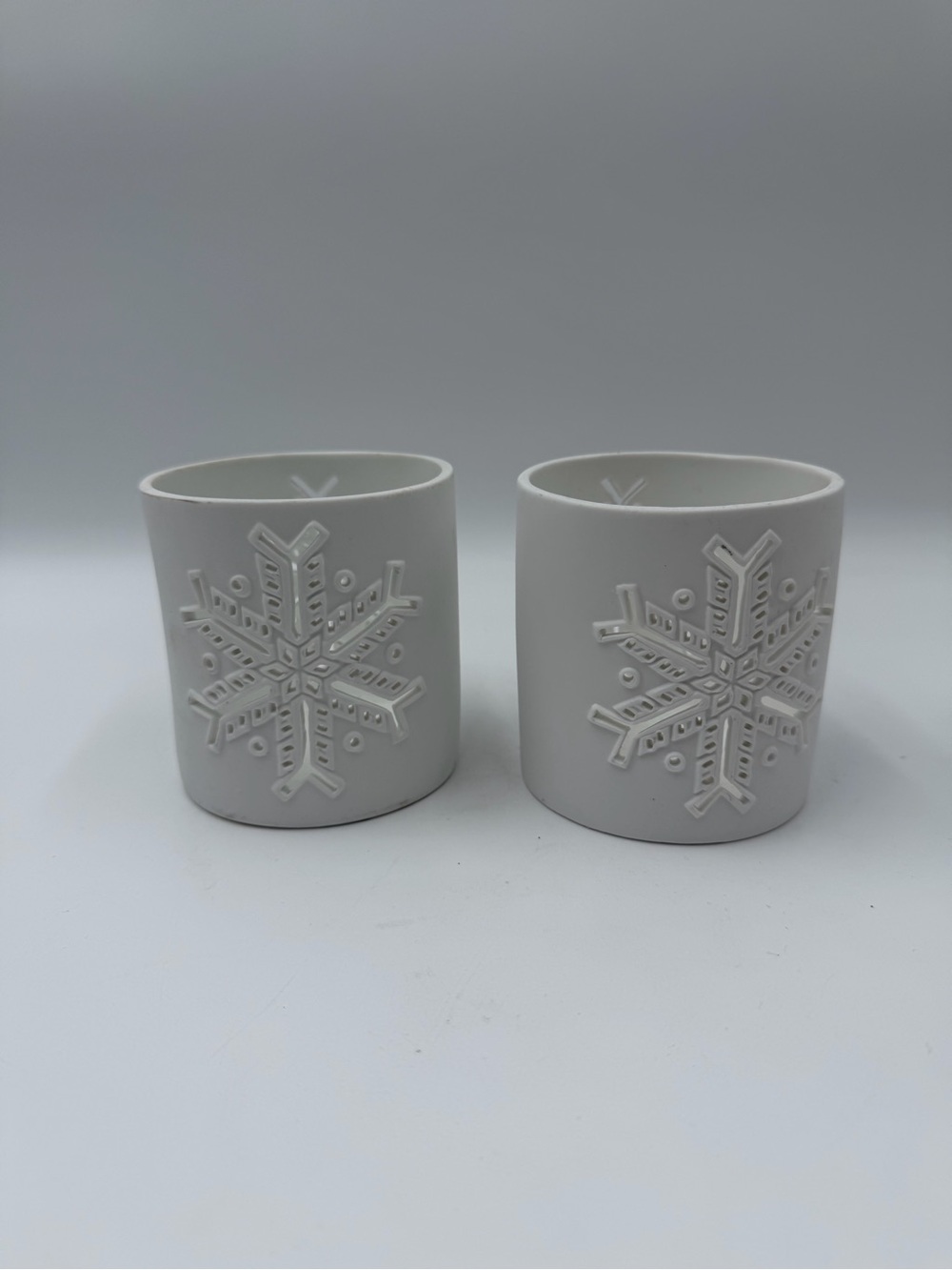 2 Crate & Barrel Snowflake Hurricane Candle Holders
